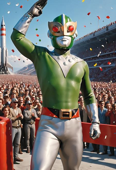 realistic,full body view ,at distance,male focus, masterpiece, photorealistic, cinematic quality, On a clear day, the hero Thunder Mask waves to the crowd on the boarding ramp of a giant rocket. He has a green helmet, a gold eye mask, red glowing eyes, a silver mouth, silver chest armor, a tight-fitting rubber bodysuit with a green upper body and silver lower body, a tall, muscular, middle-aged build, silver gloves, silver boots, a gold buckled red and black two-tone belt, and a bubble butt. His helmet and bodysuit are brand new and shiny. A large amount of confetti falls.