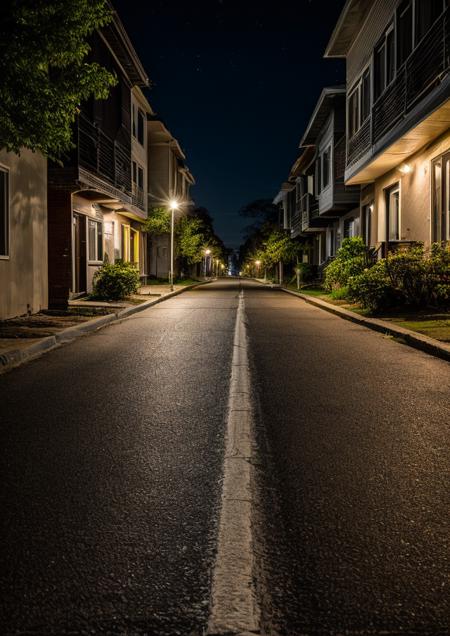 brown trashcans by the side of the road, suburban street, low bungalow houses, city skyline in background, best quality, photograph, professional photography, nighttime, dark street, lit by street lamps, long exposure, <lora:add_detail:1>, deep focus, sharp focus