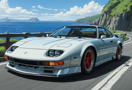 (studio ghibli digital drawing), best quality, masterpiece, extremely detailed,  professional  art,  professional painting, an extremely delicate and beautiful, dynamic,  great lighting, perfect shading, professional shading, depth of field,   side soft light, elegant, gorgeous, highly detailed,   full shot, uncropped,   pure genious, absolutely perfect,  highly detailed, breathtaking, classig sports car, sleek and powerful, dynamic turn around a corner, beautiful coastal road,
