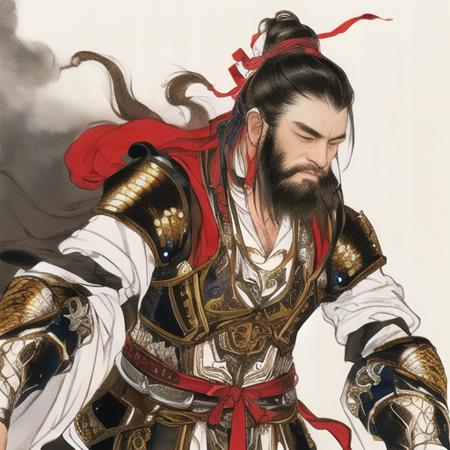 masterpiece, traditional_media, best quality, realistic, extremely detailed CG ,long beard,  1 boy, armor, old,  long sleeves, portrait,  <lora:xiyouchahua:0.7:1,1,1,1,1,1,1,1,0.3,0.1,0.01,0.8,1,1,1,1,1>,    solo,   very long beard,  ribbon,  cloud,  smoke, sky,[dark-skinned male:0.4],