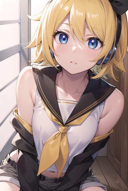 kagaminerin, <lora:rinkagaminetest:1>,
rin kagamine, blonde hair, blue eyes, hair bow, headset, short hair, headphones, (flat chest:1.2),
BREAK bare shoulders, belt, black sailor collar, black shorts, bow, crop top, detached sleeves, grey legwear, grey shorts, grey sleeves, hair bow, leg warmers, neckerchief, sailor collar, school uniform, shirt, short shorts, short sleeves, shorts, white bow, white footwear, white shirt, yellow neckerchief,
BREAK looking at viewer,
BREAK indoors, classroom,
BREAK <lora:GoodHands-vanilla:1>, (masterpiece:1.2), best quality, high resolution, unity 8k wallpaper, (illustration:0.8), (beautiful detailed eyes:1.6), extremely detailed face, perfect lighting, extremely detailed CG, (perfect hands, perfect anatomy),