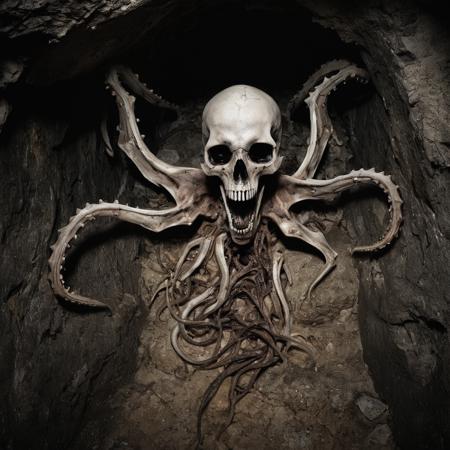 â(Sinfully grotesque and morbidly enchanting) In the heart of a decrepit, forgotten catacomb, a twisted creature emerges from the shadows - an abomination birthed from the darkness itself. Its mangled form is draped in tattered rags, stained with the remnants of ancient rituals. A network of grotesque, writhing tentacles replace its limbs, each ending in a razor-sharp talon. Its cavernous maw, a meld of bone and rotten flesh, gapes wide as it emits a chilling, haunting laugh that echoes throughout the catacombs. The creatureâs eyes, twin pools of liquid darkness, hold within them the remnants of sanity long lost. It is an entity that defies description, birthed from the deepest recesses of nightmares and fear itself, a haunting reminder of the darkness that lies within us all.â (its body of bones glows dimly from the embers and electricity of the souls it has devoured).