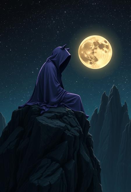 A mysterious, cat hooded figure draped in a long, flowing purple cloak sits solemnly on the edge of a rugged, rocky cliff. The figure’s face is hidden in deep shadow, adding an aura of enigma and solitude. The background features a vast, dark starry sky with countless shimmering stars, dominated by a large, glowing, yellowish moon, casting a faint ethereal light. The rocky formations are detailed, textured, and rugged, creating a stark contrast with the smooth, almost liquid-like fabric of the cloak. The overall mood is surreal, melancholic, and otherworldly, with deep shadows and cool, muted color tones emphasizing mystery and cosmic loneliness
,  anime, cyberpunk