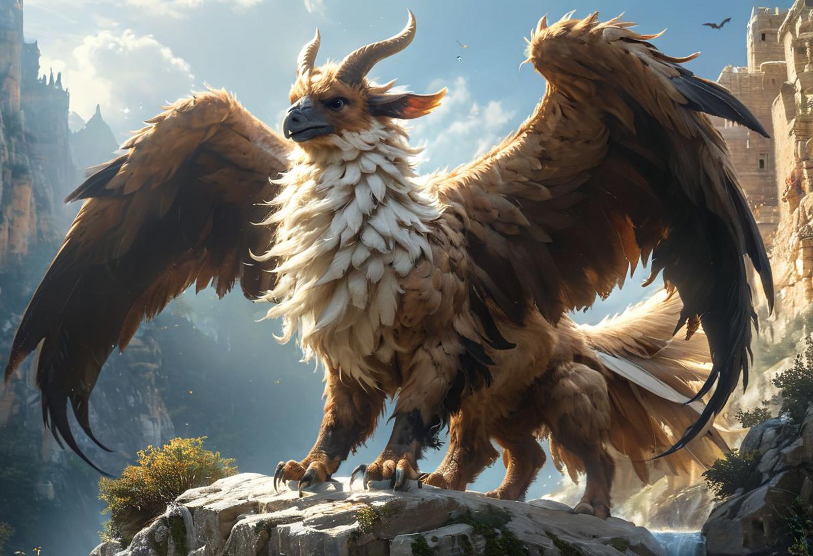 a fantastic flying beast that looks like a griffin, a llama, a panther and a bat at the same time - long neck, flattened muzzle, black, bat wings, tasseled tail, a magical white palace of an unusual shape glows in the river valley, DIGITAL ART, Magali Villeneuve style, professional art, perfect face,, masterpiecerealistic style, fantasy style, painterly style, high detail, hyper detail, low contrast, dull colors, exposure blending, HDR, faded, super detail, professional art, high detail fantasy,
<lora:Centaur_v3:1>, neutral expression, looking at viewer,
realistic, cartoon, best quality, best resolution, 4k, vivid colors, vivid, high detail, best detail