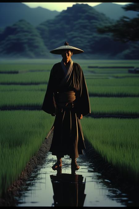 <lora:Director Zhang Yimou style:1>Director Zhang Yimou style - A screengrab of a 1985 drama film directedmovie is based in ancient Japan, a samurai is standing in a rice field after a defeating battle, detailed cinematic still shot with low-key lighting, filmed on an Ultra Panavision 70 Camera, film grain, dramatic lighting, complex, at night. 1980s, cinematic shot, incredibly detailed, sharpen, details, professional lighting, film lighting, 35mm, anamorphic lightroom cinematography, shot on Panasonic HC-X1,eastman color negative film 5247, 35mm