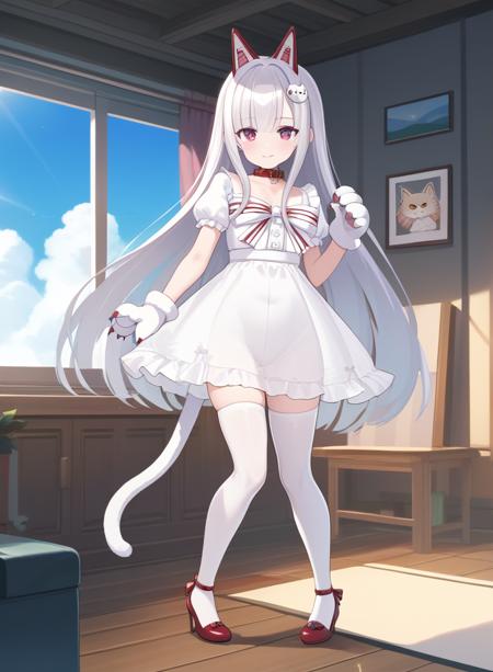 namahoshi-chan, fake animal ears, cat ears, grey hair, very long hair, bangs, hair ornament, animal ears, mole under eye, cat tail,chibi animal hands, paw gloves, thighhighs, red footwear, gloves, ribbon, bow, white thighhighs, see-through, high heels, white dress, shoes, collar,white gloves