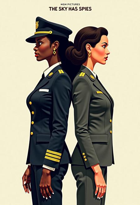 a parody MGM Pictures movie poster with text : "The Sky Has Spies", Action Comedy Movie Poster, two female pilots that are secret agents, one woman is dressed like a secret agent and the other woman is dressed like a airpline pilot in pants, one woman is African American and the other woman is, Asian, Both Are back to back to each other, symmetrical, maximalist, realistic skin texture, accurate, refined, defined, highly detailed,