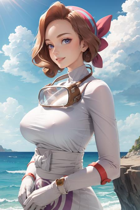 masterpiece, best quality, palina, bandana, short white dress, goggles around neck, white gloves, apron, upper body, looking at viewer, smile, large breasts, arms at sides, sky, clouds, cliff, sea <lora:palina-nvwls-v1-000010:0.9>