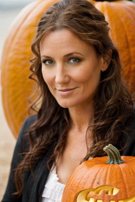 pumpkin costume ,  ocean , day  <lora:Orla_Brady:1> masterpiece, best quality, detailed face,, 1girl, solo, a mature o1873b, brown_eyes, realistic, brown_hair, long_hair, posing,