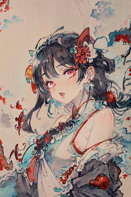 ((highres)), (open mouth),(((bust))),(((masterpiece))),(((best quality))),((ultra-detailed))((extremely detailed CG)),((8k_wallpaper)),dynamic angle,floating, (beautiful detailed eyes),an extremely delicate and beautiful girl,upper body,ink wash painting,(Chinese wind),black eyes,burning,detailed light.from_below,(black hair),(red spider lily:1.33),aqua eyes,(hair flower:1.3),bloom,single,starry sky,hair ornament, earrings, jewelry, very long hair, messy hair, bare shoulders, half closed eyes,bloom,(((Chivalrous))),fairy,(hanfu:1.3),(medium breast:1.2),(eyeshadow,red eyeliner:1.15),(eyes visible through hair:1.2),((solo)),red moon,