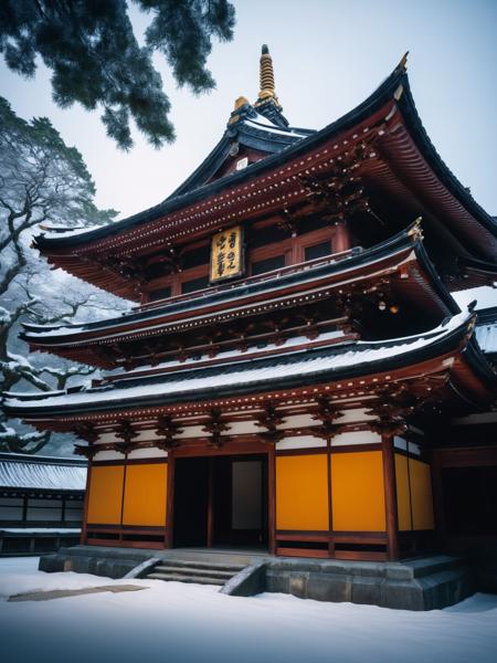 Ultra-wide photorealistic image,centered,photography,analog,| japanese temple,JishÅ-Ji,tow-story temple with external wall covered with silver,winter snow scene| depth of field,bokeh,- 8k photorealistic masterpiece,calligraphy,acrylic: color watercolor,cinematic lighting,maximalist photo illustration: marton Bobzert:8k concept art,extremely detailed,complex,elegant,vast,fantastical and psychedelic realism,
