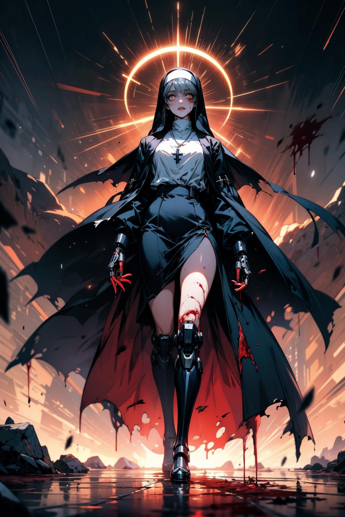Anime-style illustration of a nun with a sword, blood, and an aura of light.