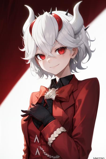 <lora:beelzebub:1>beelzebub(helltaker), red bowtie, white background, 1girl, suit, looking at viewer, red eyes, jacket, demon horns, white hair, vest, red bow, shirt, formal, bow, upper body, waistcoat, smile, earrings, closed mouth, demon girl, red gloves, black shirt, bowtie, gloves, jewelry, simple background, red jacket, horns, white horns, solo, hair between eyes, short hair