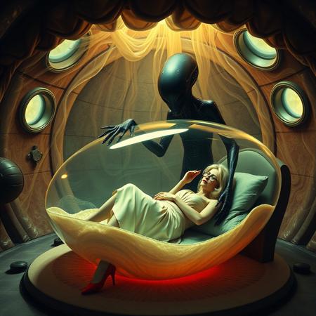 Terrified blonde secretary, clad in a  1950s long delicate silk slip, her glasses askew,  hands tied to headboard,   laying encased in transparent slime filled  jelly egg under lush canopy, reflecting the faint glow of the weird alien lord laboratory. Glossy fluffy  high heels a stark contrast to her distress, as a towering, human-like alien in a glossy black slime baroque  robe looms over her, its long fingers caressing the egg surface.The walls appear to be alive, covered in a pulsing, iridescent slime, while giant observation portholes gaze in like empty eyes, as if the very darkness of space itself is watching this horrific scene unfold. Inspired by the dark, industrial sci-fi of H.R. Giger, the eerie, atmospheric lighting of Zdzisław Beksiński, and the surreal, biomechanical nightmares of Francis Bacon.