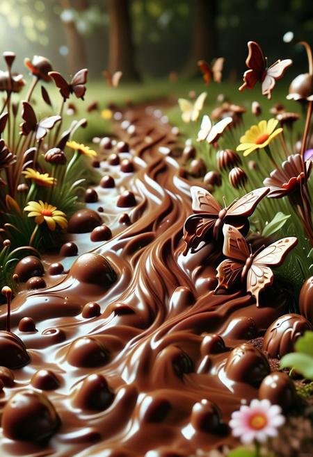 detailed background, masterpiece, best quality, high quality, ultra detailed, highly detailed, high detail, artistic lighting, depth of field, perfect soft lighting, best shadows, perfect reflections, volumetric, detailed image, high resolution, sharp definition, Made of chocolate, 
A chocolate stream flowing through an enchanted meadow with colourful flowers and butterflies and bees