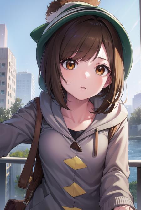 pokemongloria, <lora:pokemongloria-lora-nochekaiser:1>,
pokemongloria, (brown eyes:1.5), brown hair, medium hair, (small breasts:1.2),
BREAK cardigan, dress, green headwear, grey cardigan, hood, hood down, hooded cardigan, long sleeves, pink dress, short dress,
BREAK looking at viewer, (upper body:1.2),
BREAK outdoors, city, sky,
BREAK <lyco:GoodHands-beta2:1>, (masterpiece:1.2), best quality, high resolution, unity 8k wallpaper, (illustration:0.8), (beautiful detailed eyes:1.6), extremely detailed face, perfect lighting, extremely detailed CG, (perfect hands, perfect anatomy),