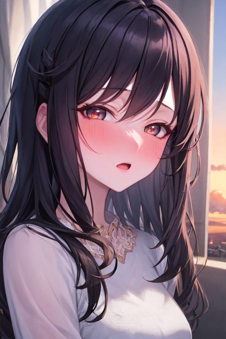 1girl, solo, masterpiece, best quality, unity 8k wallpaper, illustration, ultra-detailed, <lora:torogao_v4-000010:1.4>, full-face blush, black hair, long hair, indoors, sunset,