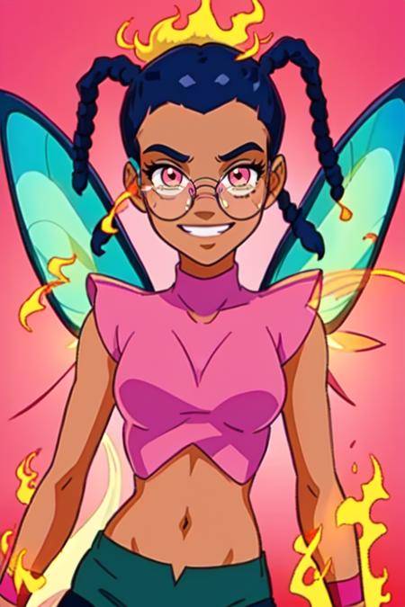 Taranee,  twintails,  dreads, short hair,  glasses,    standing, upper body,    smiling, smug, 
CokW, striped pantyhose,midriff, pink wristbands, fairy wings,  toned,  pink crop top, turtleneck, 
fire background, 
(insanely detailed, beautiful detailed face, masterpiece, best quality) cinematic lighting,  <lora:TaraneeCook-10:0.8>