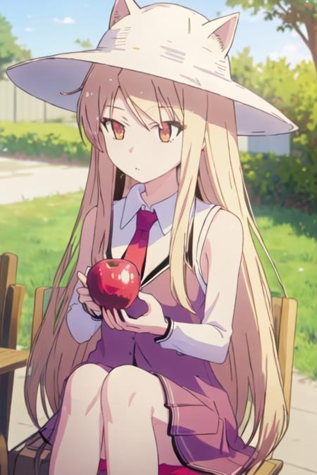 best quality, masterpiece, highres, solo, {shiina_mashiro_sakurasounopetnakanojo:1.15}, blonde_hair, long_hair, red_eyes, brown_eyes, 1girl, food, hat, candy_apple, sleeveless, sun_hat