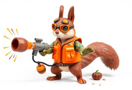 1990s-style action figure toy of an anthropomorphic squirrel dressed as a forest-themed nut defender superhero. The squirrel wears an orange utility vest, forest camo gloves, and goggles, holding a walnut-shell cannon that fires acorn projectiles and confetti nutrient bursts. Stylized accessories mini pumpkin grenades, and a belt of seeds. Bright colors, nostalgic aesthetic, detailed toy design, whimsical and heroic style, bold comic-book shading. Clean background. Isometric view. 4:5 aspect ratio --v 5 --style 90s --ar 4:5
