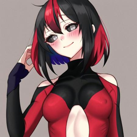 <lora:black_sclera3:1.0> , black_sclera, colored sclera, 1girl, arm at side, arm up, bangs, black eyes, black hair, blush, covered navel, crossover, grey background, hair between eyes, hand behind head, highres, multicolored, multicolored hair, navel, plugsuit, redhead, short hair, simple background, smile, solo, standing, tight, turtleneck