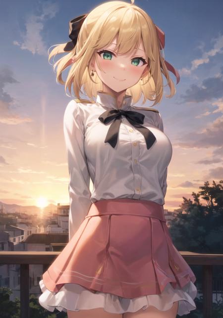 1girl, <lora:anisphia_wynn_palettia-15:1>, (anisphia_wynn_palettia:1.2), pink skirt, short hair, 
arms behind back, earrings, explosion, looking_at_viewer, medium_breasts, orange_sky, smile, solo, sunset, hair bow,
(masterpiece), (best quality), (ultra-detailed), (best illustration),(best shadow), (an extremely delicate and beautiful)