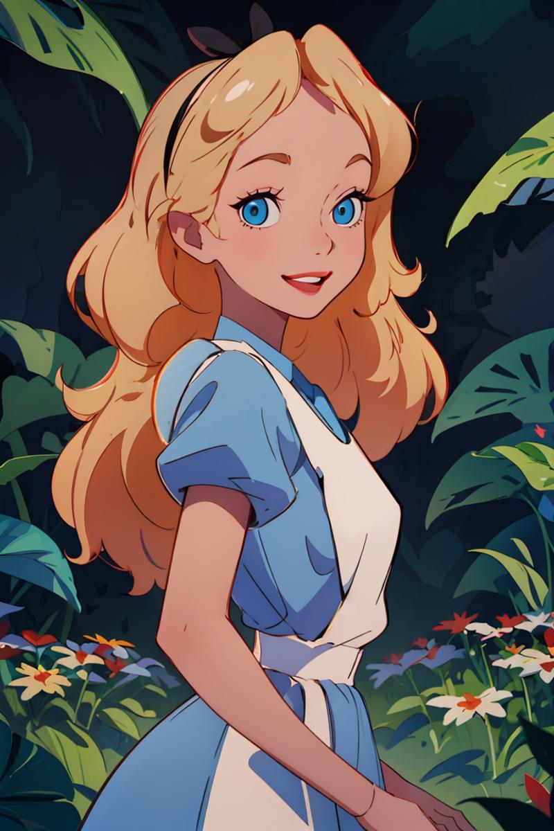 A cartoon illustration of a young woman, possibly a girl or a fairy, standing in a garden with flowers.