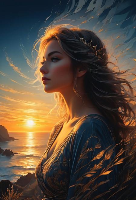 double exposure, lMidjourney, MJ, Midjourney style, double exposure, merging, blending, ovely double exposure image, Double Exposure style, An exceptional 8K Ultra HD masterpiece by Yukisakura revealing a fantastic double exposure composition of an elegant goddess silhouette harmoniously intertwined with the visually striking details of a sunset coast. While the coastli' Details are outwardly echoing through the fabric of the divine figure, beautiful tension climbs as the contrasting use of monochrome in the background immediate pardesign aux maintains razor-sharp focus on the remarkable double exposure image. Characterized by its awesome full-color scheme and crisp lines that shadow the contours just as meticulously. (Detailed:1.45). (Detailed background:1.4).