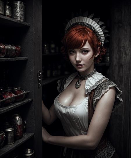 <lora:LowRa:0.7> redhead maid, mouth a bit opened, lightroom, pleasure look, maid white headdress, wet skin, detached collar, curly pixie haircut, small dark pantry, crowded cans shelfs, intricate, hdr, (intricate details, hyperdetailed:1.15), cinematic