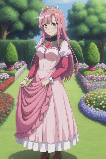 masterpiece, best quality, hinagiku katsura, princess, royal dress, pink dress, tiara, castle, colorful garden, smile, solo, standing, medium breasts, <lora:HinagikuV1:0.6>