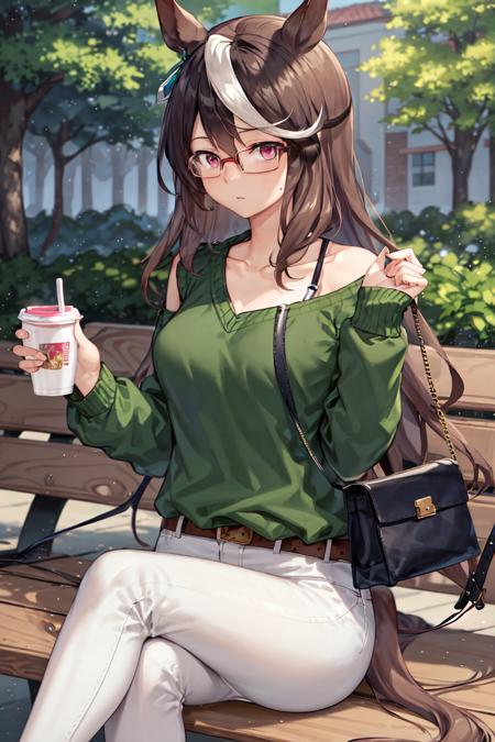 masterpiece, best quality,
symboli rudolf \(umamusume\),
sitting, on bench, holding cup, disposal cup, outdoor, crossed legs,
collarbone, shoulder bag, handbag, white pants, green shirt, casual, long sleeves, sweater, glasses, belt, 
<lora:sybmoli_rudolf_locon:0.6>