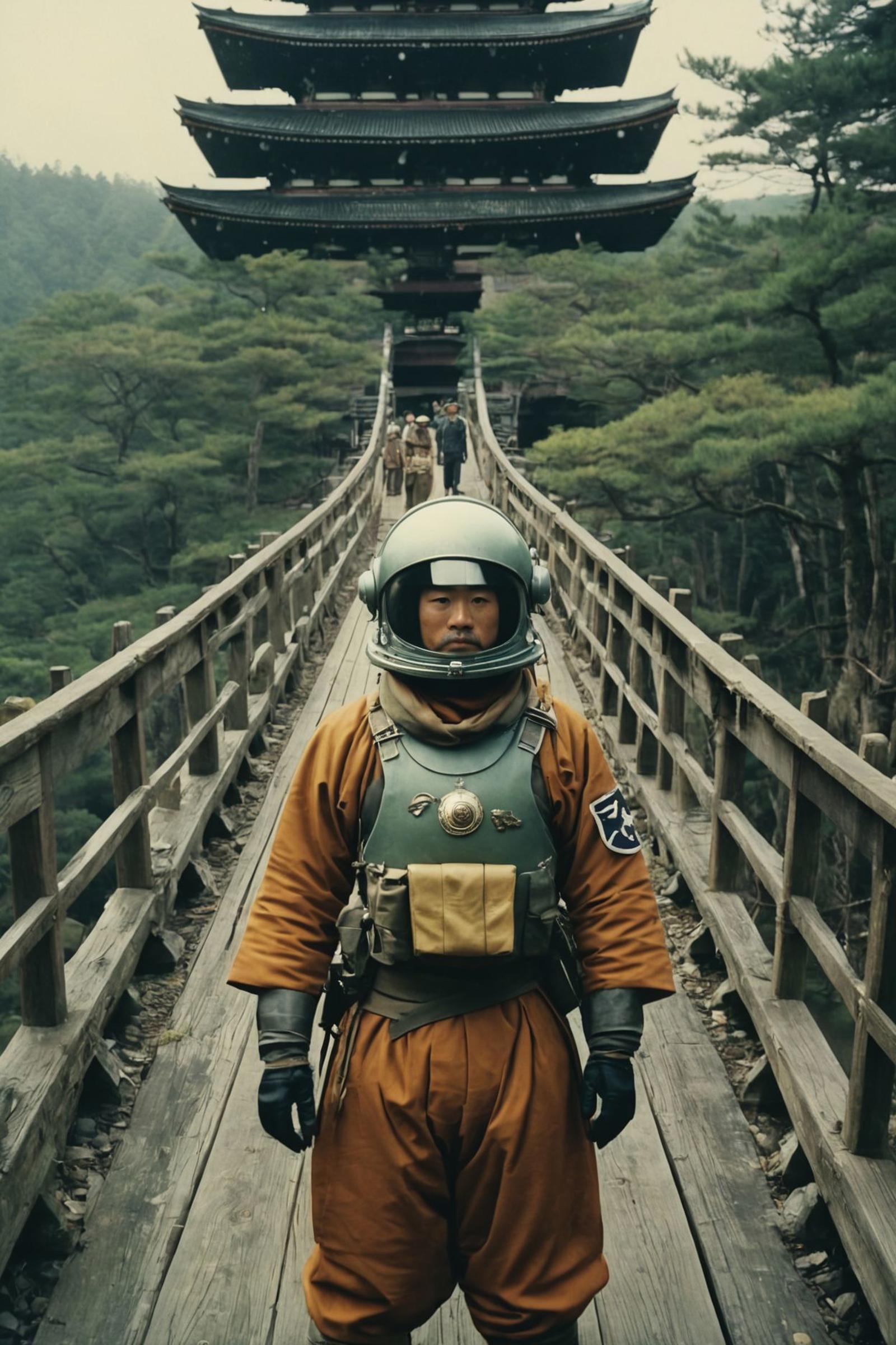 Man in a space suit walking on a wooden bridge with a group of people behind him.