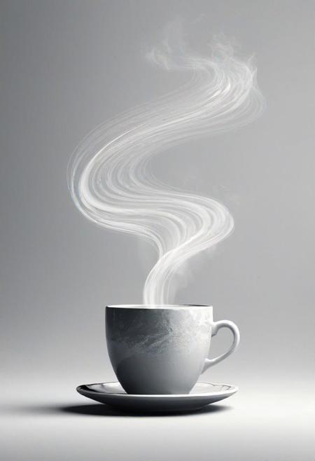 Minimalistic digital art of a coffee cup emanating whimsical steam trails, monochromatic theme with textured appearance conveying warmth, simplicity in design, digital render, ultra fine, dramatic lighting.