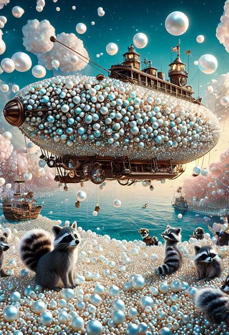 A steampunk airship made of pearls crashes into a sea of opalescent marshmallows, piloted by raccoons in monocles, cinematic scene, Pearlum world, whimsical chaos, SDXL