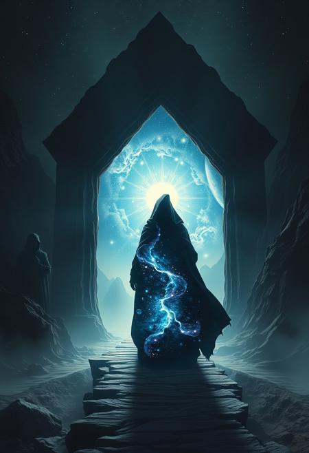 A universe inside a dark cloaked figure within mysterious landscape in an unfathomable realm of fantastic creation inhabited by ancient shadows of a forgotten time beyond the gate of the gateless gate where life is limitless, light is shadow and shadow is light