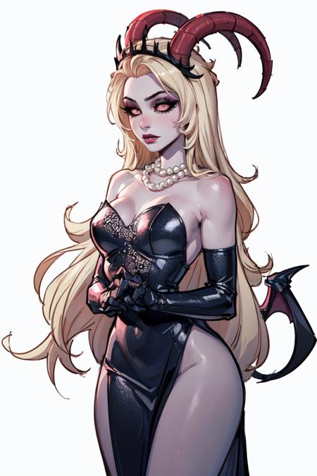 (Lilith) (DefaultOutfit), (black dress) (grey/gray skin, grey sclera, long blonde hair, white iris, demon horns, makeup)