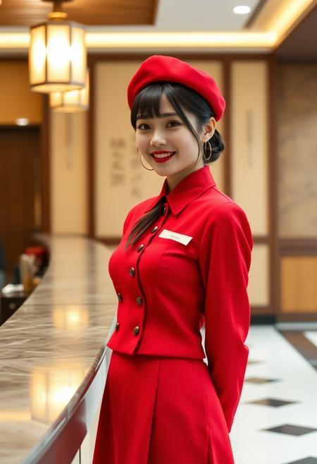 extremely detailed, absurdres, raw photo, best quality,
a smiling female receptionist in her red uniform at the reception of a kyoto grand hotel. on her neat hair she wears a beret and her skirt reaches down to her knees.
