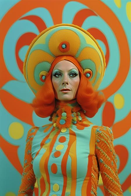 <lora:Director Agnes Varda style:1>Director Agnes Varda style - 'havoc' 1968, in the style of colorful costumes, feminine portraits, hasselblad 500c m, orange and aquamarine and crimson and emerald and golden yellow, cosmic jester, ivan fedorovich choultse, animated exuberance, joyful and optimistic, exaggerated facial expressions