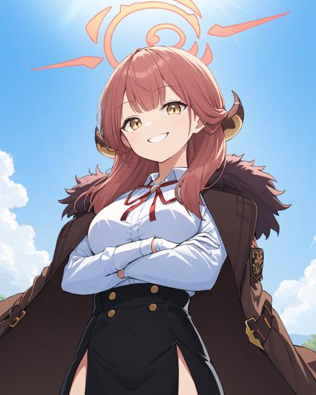 aru \(blue archive\), horns, white_shirt, halo, black_skirt, white_gloves, crossed_arms, looking_at_viewer, 1girl, neck_ribbon, red_ribbon, breasts, collared_shirt, solo, long_sleeves, sky, fur-trimmed_jacket, high-waist_skirt, leaf, grin, pencil_skirt, brown_coat, brown_jacket, cowboy_shot, outdoors, jacket_on_shoulders
<lora:aru_(blue_archive)_image2817_2023-11-25-000009:1>halo. gorgeous,key visual, vibrant, studio anime,award-winning, professional, highly detailed,high budget, cinemascope