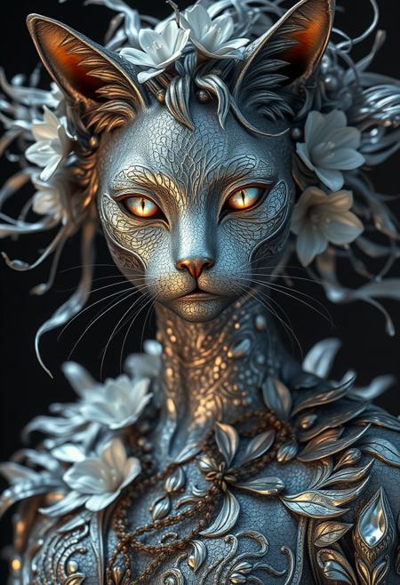 Silver statue of a cat woman, her skin composed of delicate, textured silver flakes, with chrome and glass flowers intricately woven into her hair, her eyes gleaming with a warm, bluish light, wearing a majestic, windy-blown ornate gown with tattered, silver petals, reminiscent of a dark, dystopian world, her face and shoulders illuminated by a soft, ambient glow, as if radiating an otherworldly energy, in the styles of Royo's dark, mystical realism, Artgerm's hyper-detailed, metallic sheen, and Lovecraft's eerie, atmospheric tension, with meticulous attention to intricate textures, dramatic shading, and a sense of haunting, ethereal beauty.