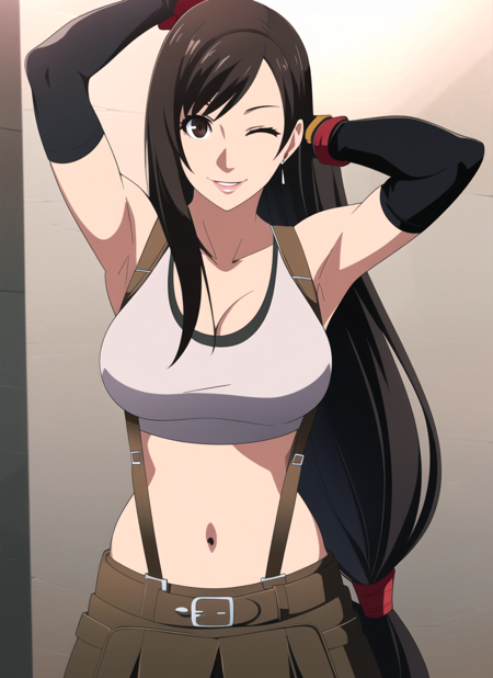 persona5 anime style, tifa lockhart, 1girl, thick lips, arm up, armpits, artist name, belt, black hair, breasts, brown eyes, cleavage, closed mouth, collarbone, cowboy shot, crop top, earrings, elbow gloves, elbow pads, gloves, jewelry, large breasts, lips, long hair, low-tied long hair, midriff, navel, one eye closed, indoors, skirt, smile, solo, stomach, suspenders, tank top, upper body, ((masterpiece)) <lora:tifa_lockhart:0.6>  <lora:persona5_anime_style_offset:1>