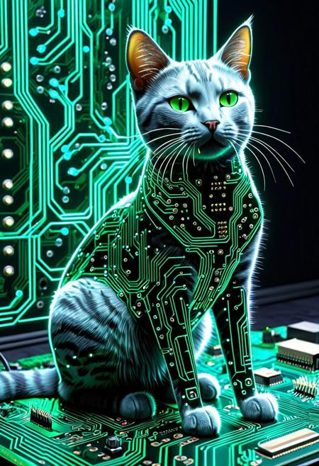 a cat made of electronic circuits, futuristic cyber cat, glowing circuit lines, neon blue and green lights, sleek metal plating, intricate motherboard patterns, robotic feline, sci-fi atmosphere, highly detailed, ultra sharp, 4k render, <lora:CircuitBoardStyle:0.7>, TzigoCBS