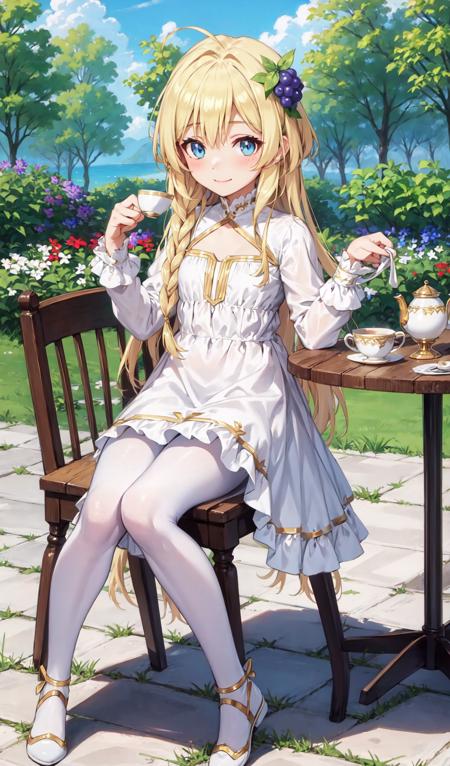 ((masterpiece,best quality)), 1girl, , solo,long hair,breasts,blush,looking at viewer, blue eyes,blonde hair,bangs,hair ornament, outdoor, scenery, sky, cloud, road, long sleeves,very long hair,hair between eyes, (sitting, chair), (holding teacup, holding,, garden, table, wooden table, teacup, tea) ,braid,ahoge,hairband,smile, happy,white dress,hand up,fruit,white skirt,side braid,iris,official dress, grape hair ornament,white shrug,shrug (clothing)  <lora:iris_konosuba:0.8>, (full body), (pantyhose, white pantyhose, white legwear, white footwear)