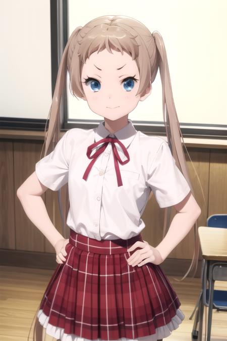 (((picture perfect))), (absurdres), 1girl, solo, <lora:dekomori:0.8>, sanae dekomori, school uniform, ribbon, short sleeves, plaid skirt, smug, hands on hips, looking at viewer, classroom,