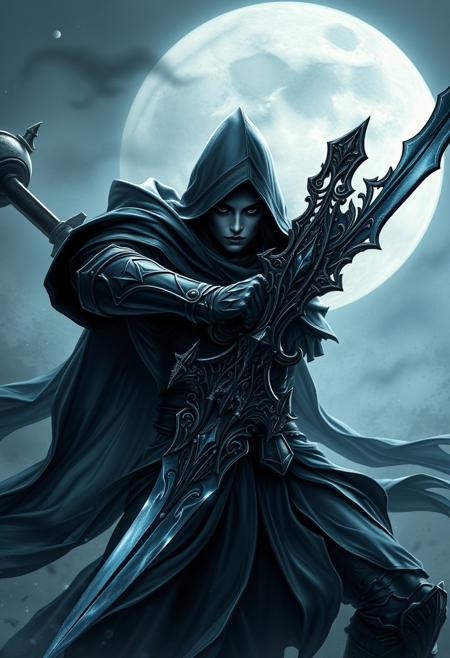 A closeup of fantastical image of a shadow knight, clad in flowing, flowing robes, wielding an ornate, ornate shadow blade. Their eyes are filled with power and determination, as they wield the sword in a fluid, dynamic motion. The moon's reflection highlights their magical power