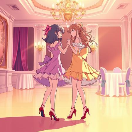 anime illustration of two girls dancing close together, wearing frilly dresses with short skirts and high heels, indoors in a ballroom with a chandelier