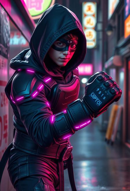 A teenage martial artist in a dark Kevlar bodysuit with tech-padded armor plating, glowing RGB trim glitching like corrupted code. He wears weighted sparring gloves, a futuristic half-mask with a digital smile, and a hooded jacket that cloaks him in low-light shimmer. He’s perched in a rain-slick alley lit by neon signs, ready to strike.