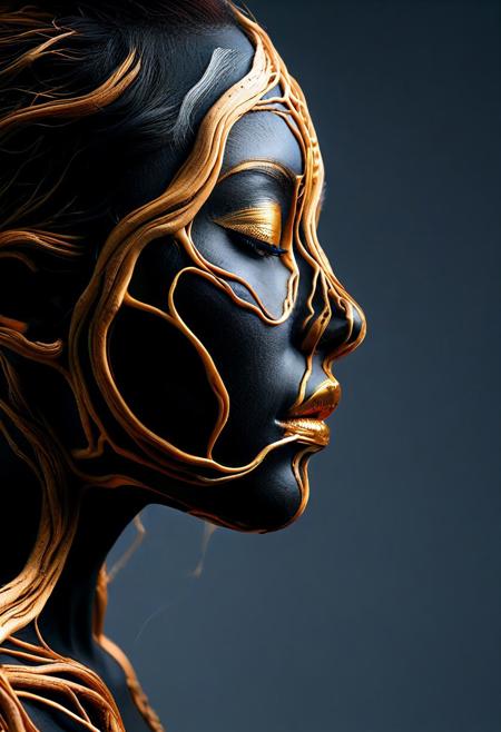 PG-TR,(film grain),ultrarealistic 4k,photoart_style, vivid, minimalist, beautiful black face, golden make-up,side view profile,realistic, Wide angle lens, high contrast, dark black tone,Cinematic Lighting, movie-level texture, hand-painted details, epic, meticulous,perfect composition, dynamic play of light, rich colors, epic shot, perfectly quality, natural textures,high detail, photoshadow, (natural colors, correct white balance, color correction, dehaze),(intricate detailed), YurYuna