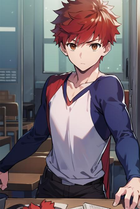 shirouemiya, <lora:shirouemiyatest:1>, 
shirou emiya, 1boy, (red hair:1.5), spiked hair, (brown eyes:1.5), mature male,
BREAK blue pants, collarbone, pants, shirt, long sleeves, white shirt, raglan sleeves,
BREAK looking at viewer,
BREAK indoors, classroom,
BREAK <lora:GoodHands-vanilla:1>, (masterpiece:1.2), best quality, high resolution, unity 8k wallpaper, (illustration:0.8), (beautiful detailed eyes:1.6), extremely detailed face, perfect lighting, extremely detailed CG, (perfect hands, perfect anatomy),