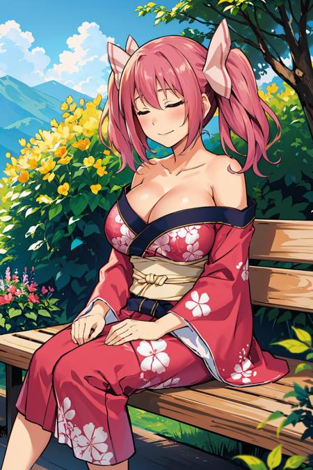 masterpiece, best quality, <lora:momochimyu-nvwls-v1-000009:0.9> momochi myu, hair bow, off-shoulder, pink kimono, sash, floral print, large breasts, sitting, closed eyes, smile, bench, garden